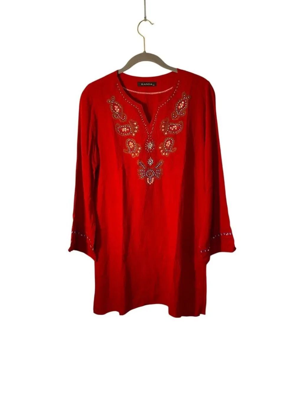 Kanda women’s red embroidered beaded, bathing suit cover-up M